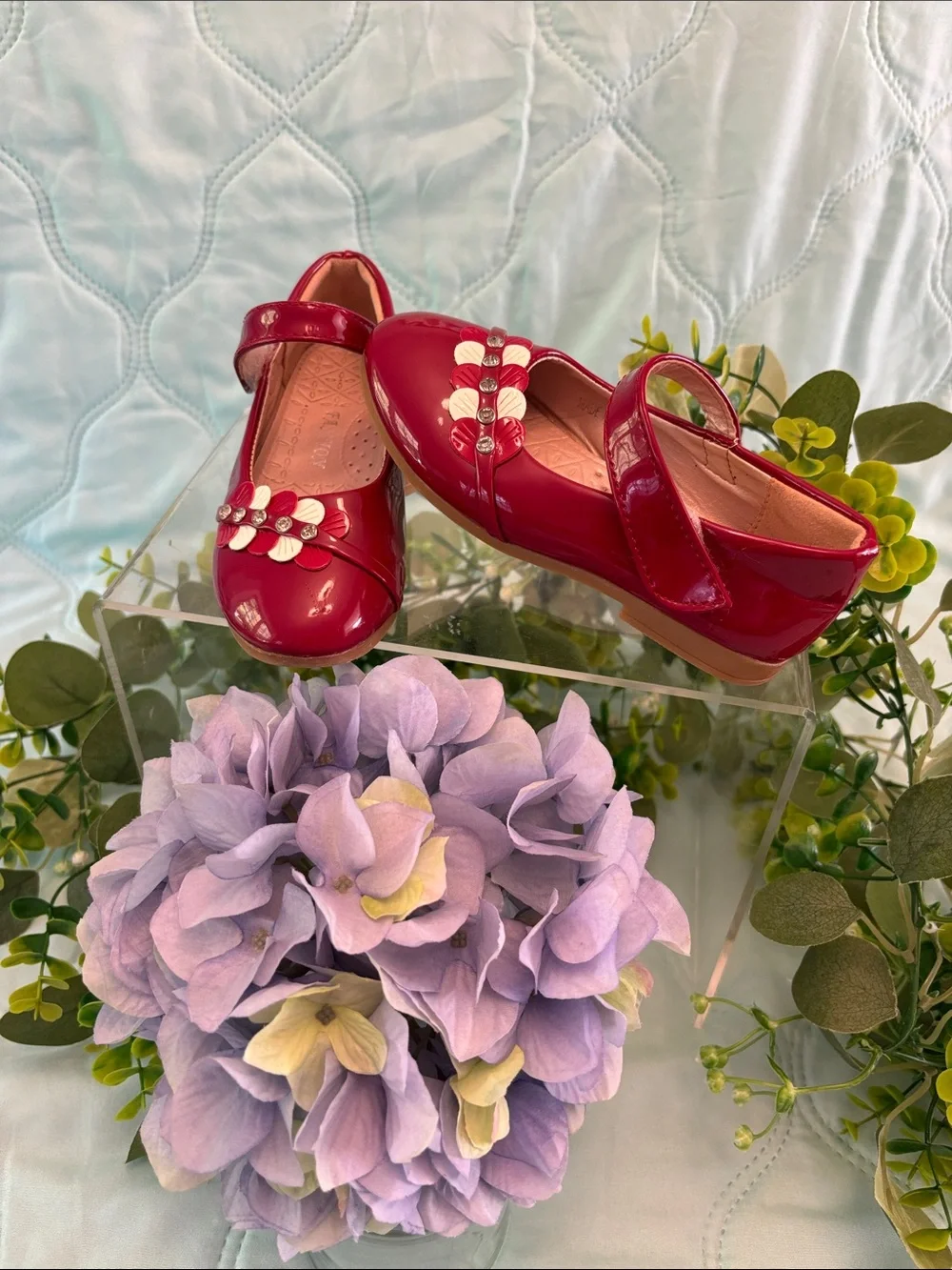 Red Patent Mary Jane Girls' Shoes with row of hearts Accent